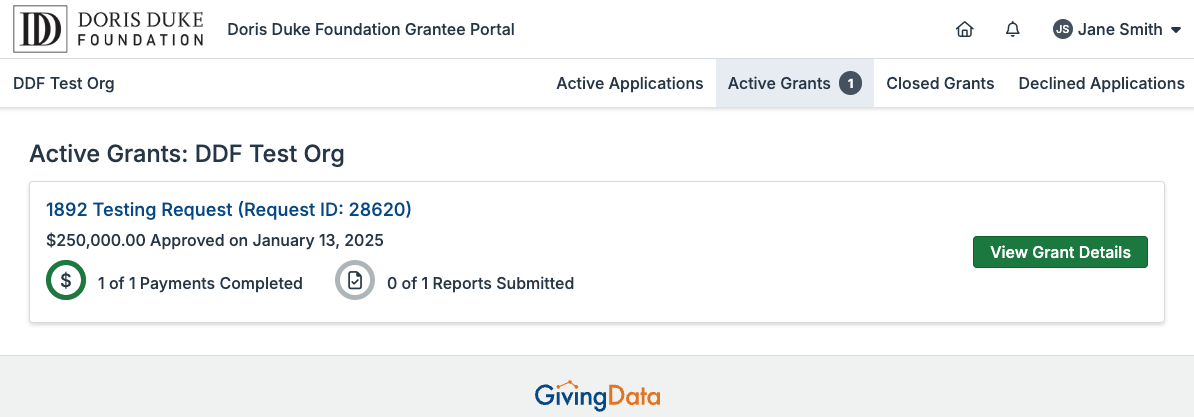 The Active Grants page will display current approved grants to your organization that have an upcoming report form attached. Click 'View Grant Details.