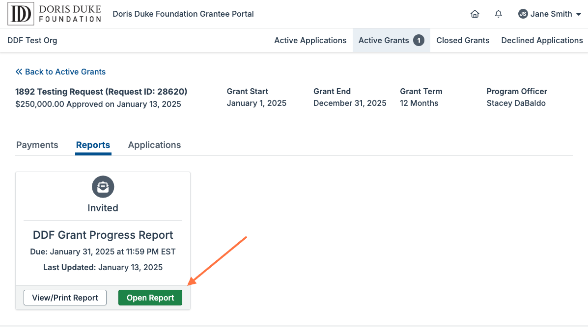 To begin working on your report form, click 'Open Report'.