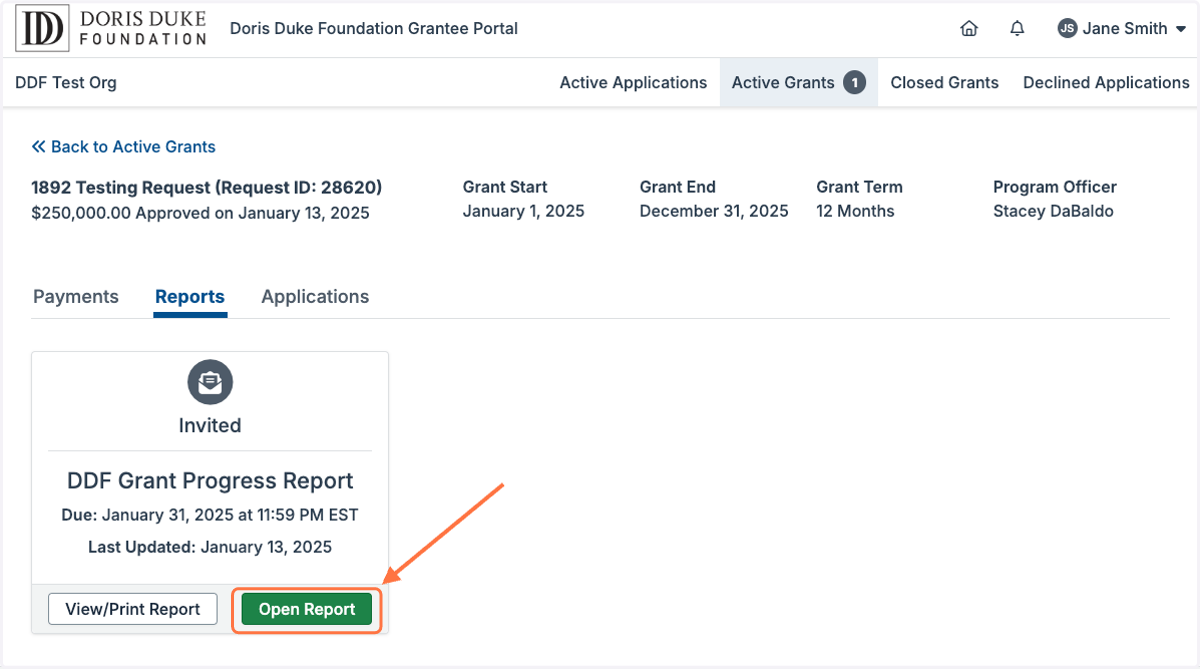 To begin working on your report form, click 'Open Report'.