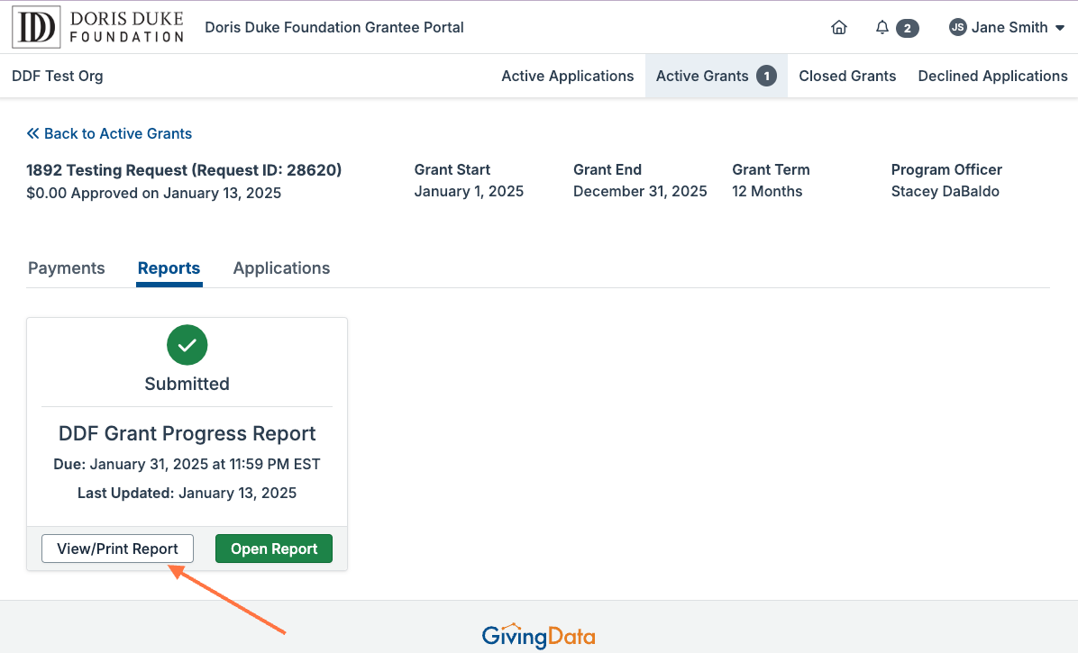 The report will display the status of 'Submitted' on the Active Grant page. The form is no longer editable and you can click 'View/Print Report' at any time to save a copy of your responses.
