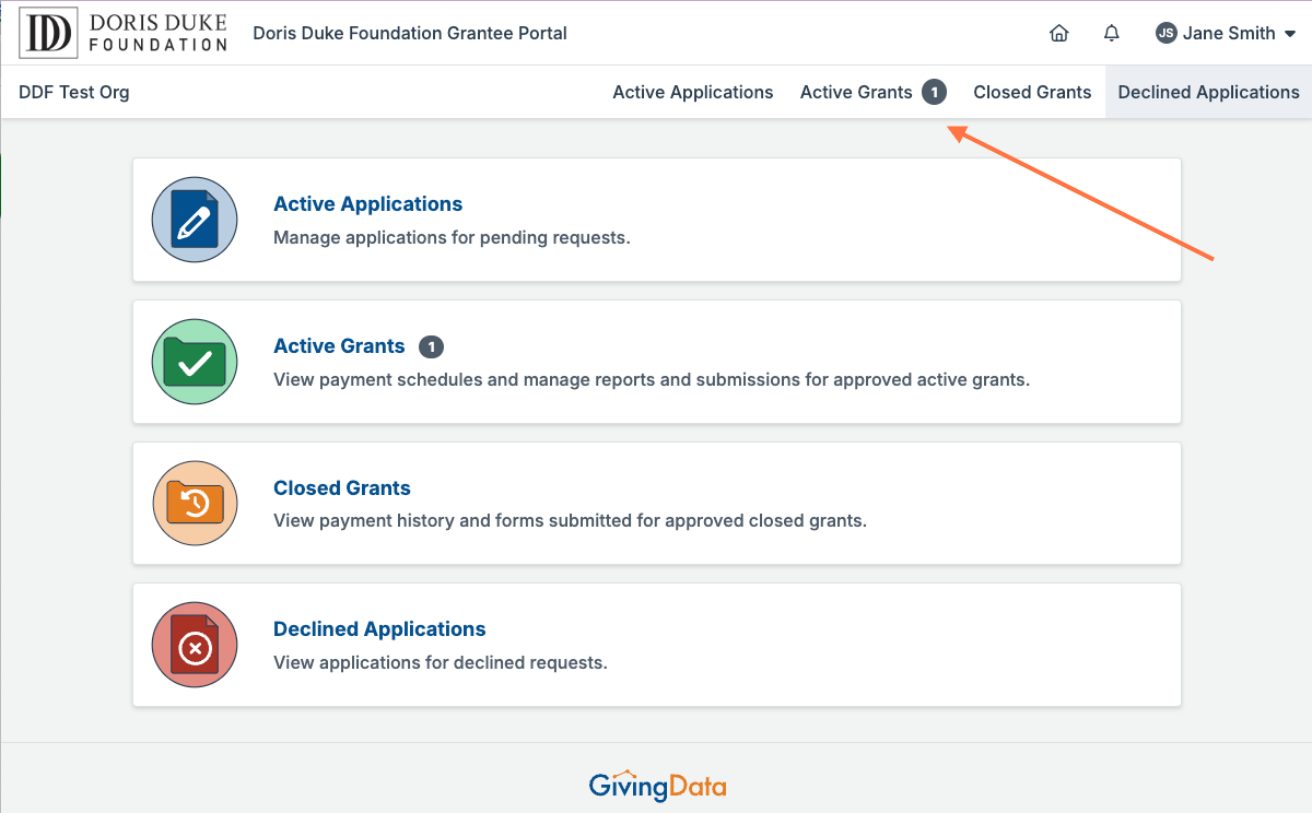 Click on 'Active Grants' from the Grantee Portal Home Page.