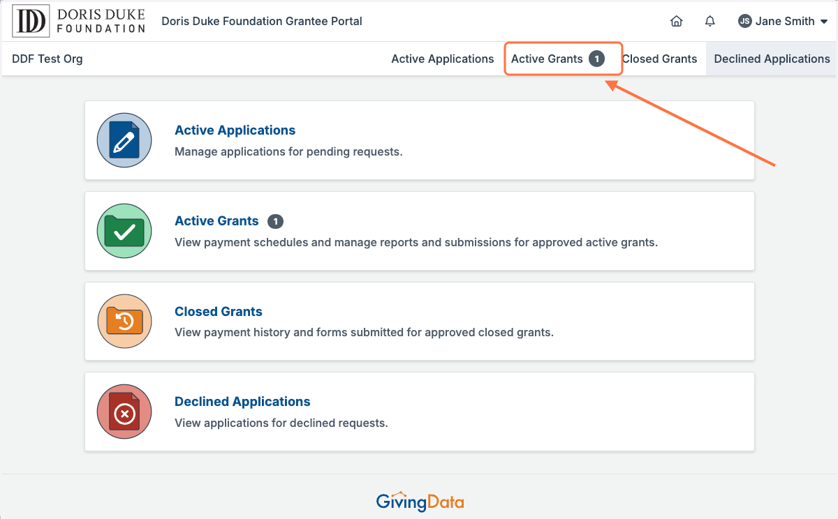 Click on 'Active Grants' from the Grantee Portal Home Page.