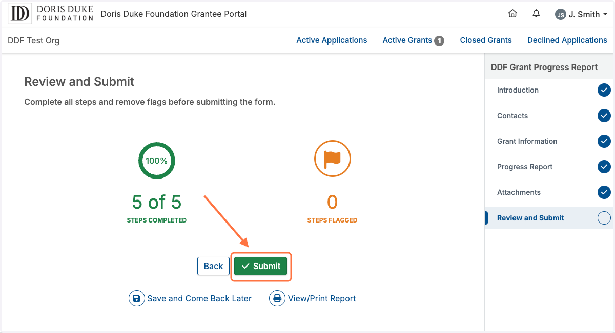 Once you have completed all fields within the report form, the Submit button on the last page will turn green. Click 'Submit'.