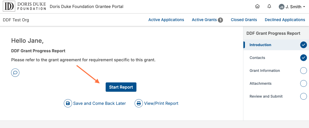 You may begin editing your report form by clicking 'Start Report' or by clicking any of the report pages listed on the right side panel.