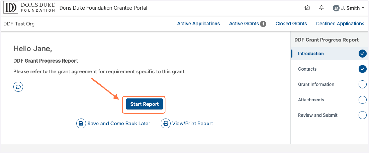 You may begin editing your report form by clicking 'Start Report' or by clicking any of the report pages listed on the right side panel.
