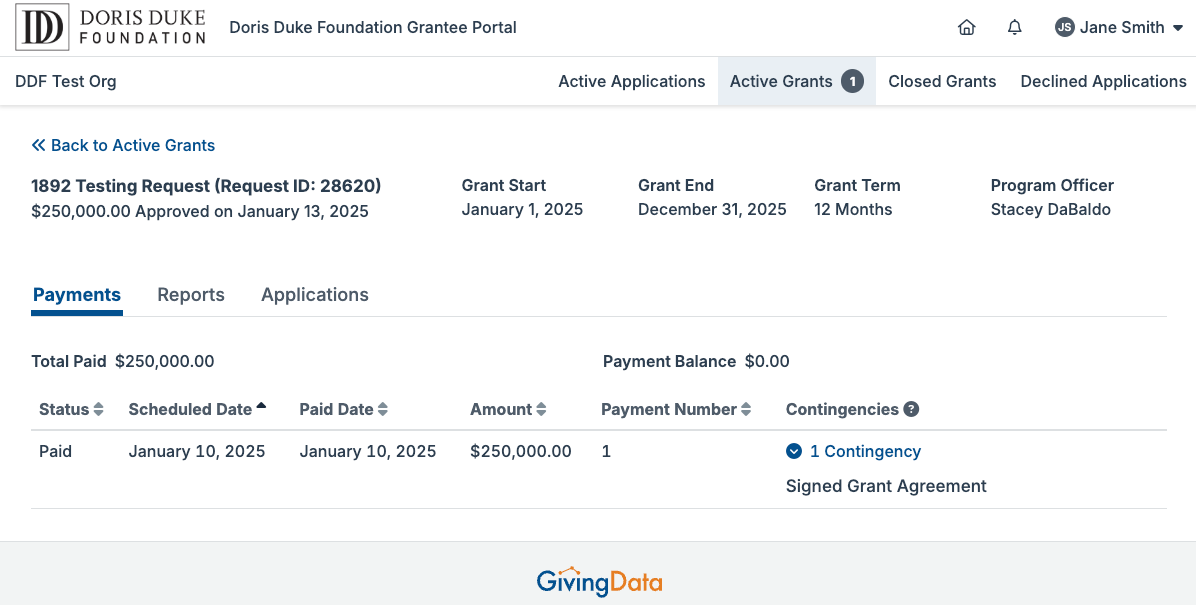 The active grant page will also display your estimated payment schedule, as well as any payment contingencies.