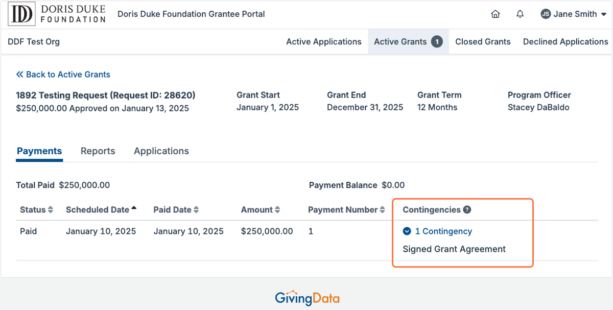 The active grant page will also display your estimated payment schedule, as well as any payment contingencies.