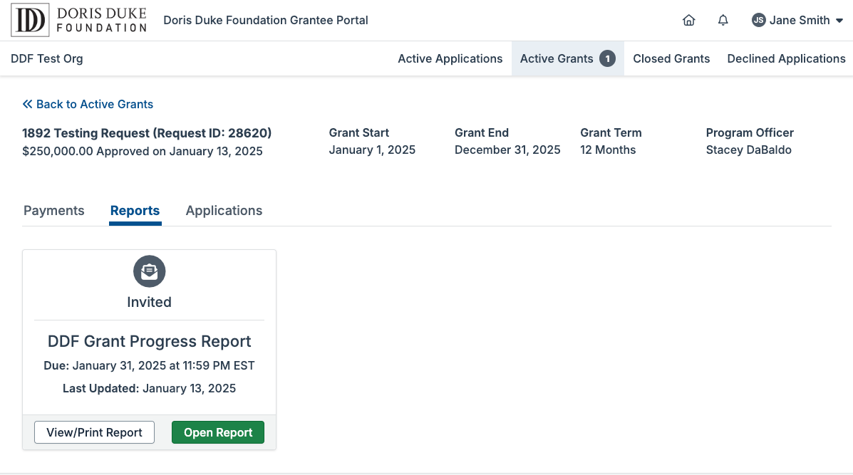 The Reports tab will display all report forms for this grant that have been assigned to your user account.