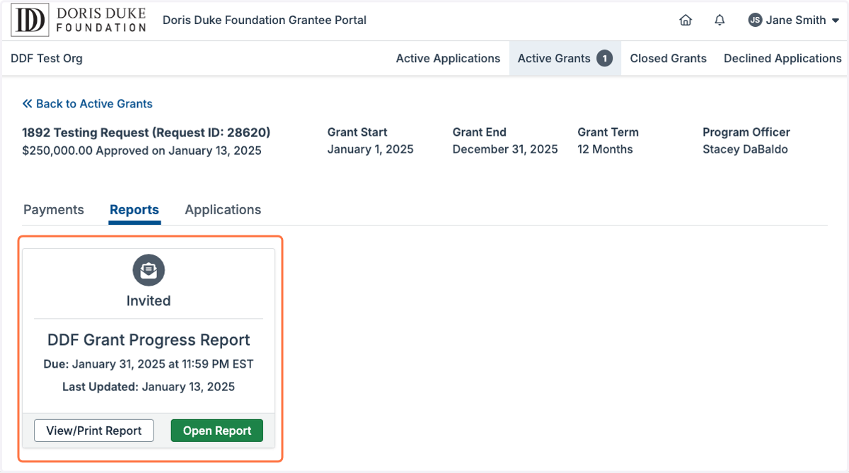 The Reports tab will display all report forms for this grant that have been assigned to your user account.