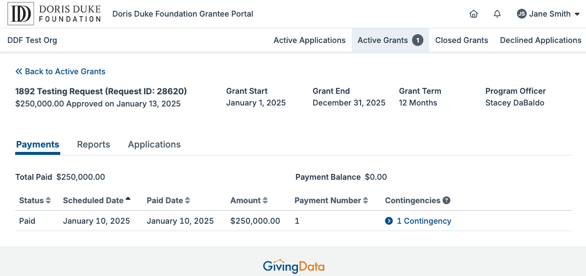 The active grant page will share important information such as your grant ID, grant period, assigned Program Officer, and estimated payment schedule.