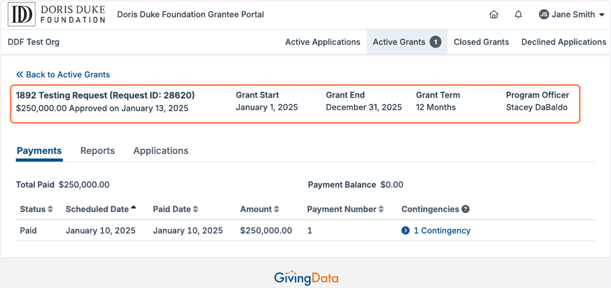 The active grant page will share important information such as your grant ID, grant period, assigned Program Officer, and estimated payment schedule.