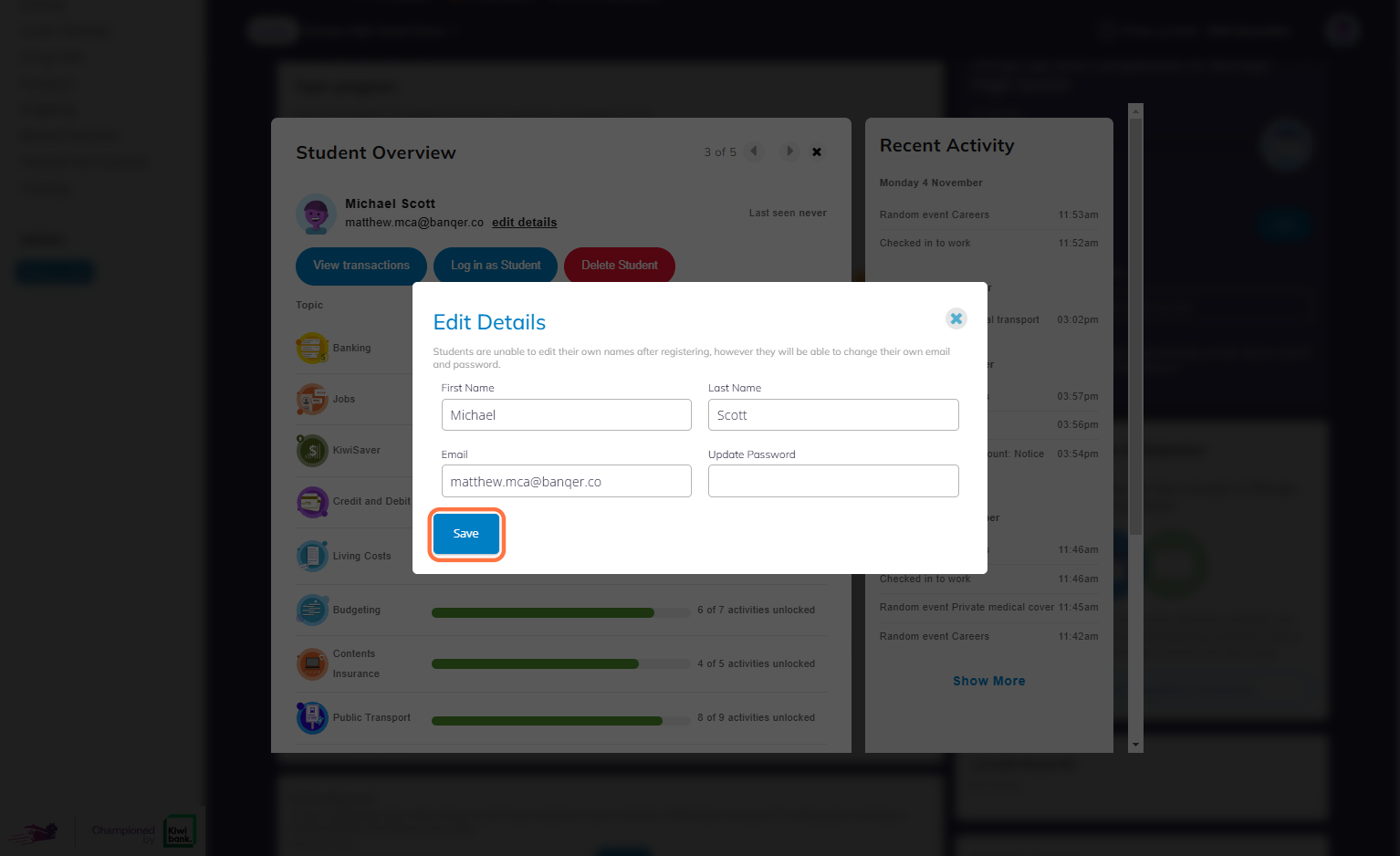 From here you can enter a new password for the student and then click Save.