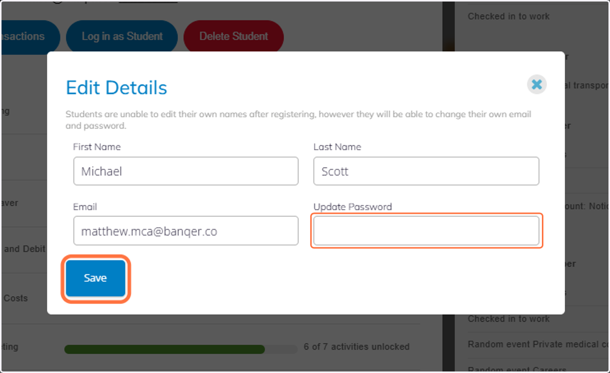 From here you can enter a new password for the student and then click Save.