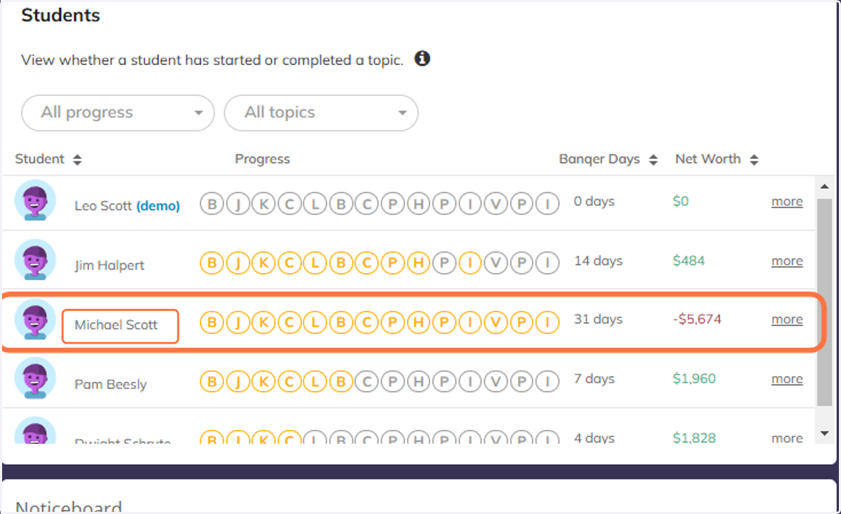 Find the relevant student and click their name