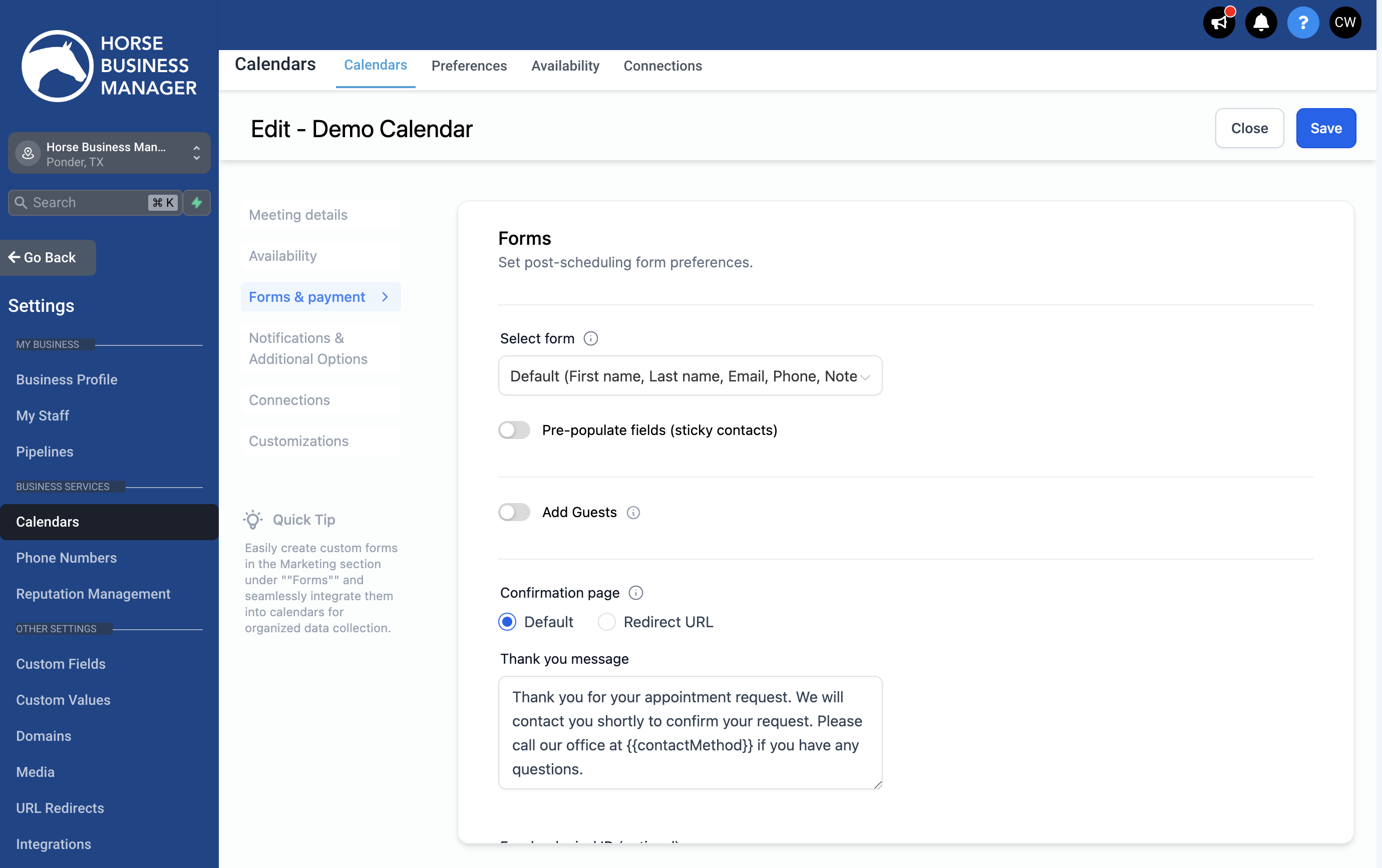 To change the Form that a customer fills out to submit their booking, click Select Form