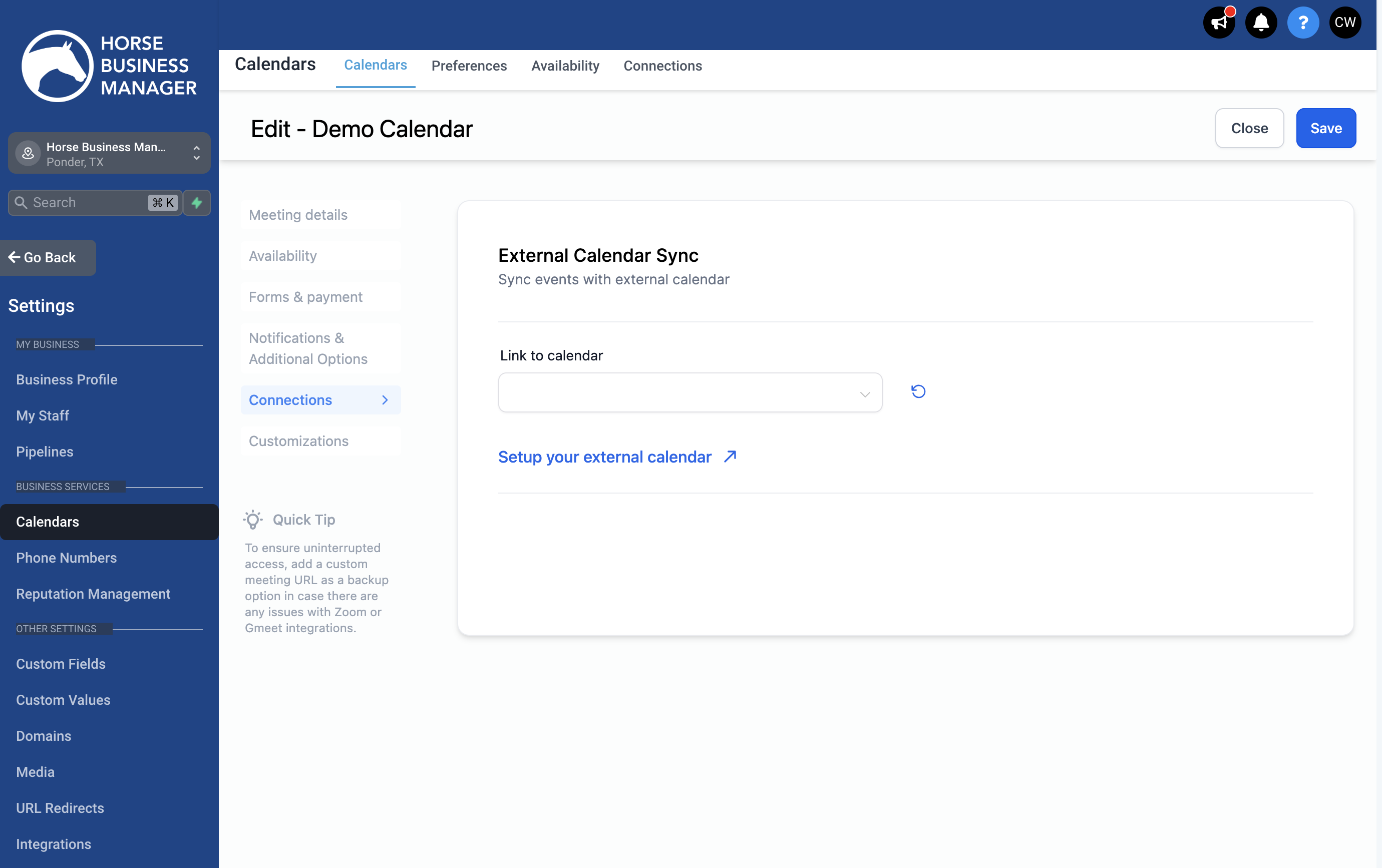 Here you can link this calendar to an existing calendar (Google or Outlook) so the appointments are synced