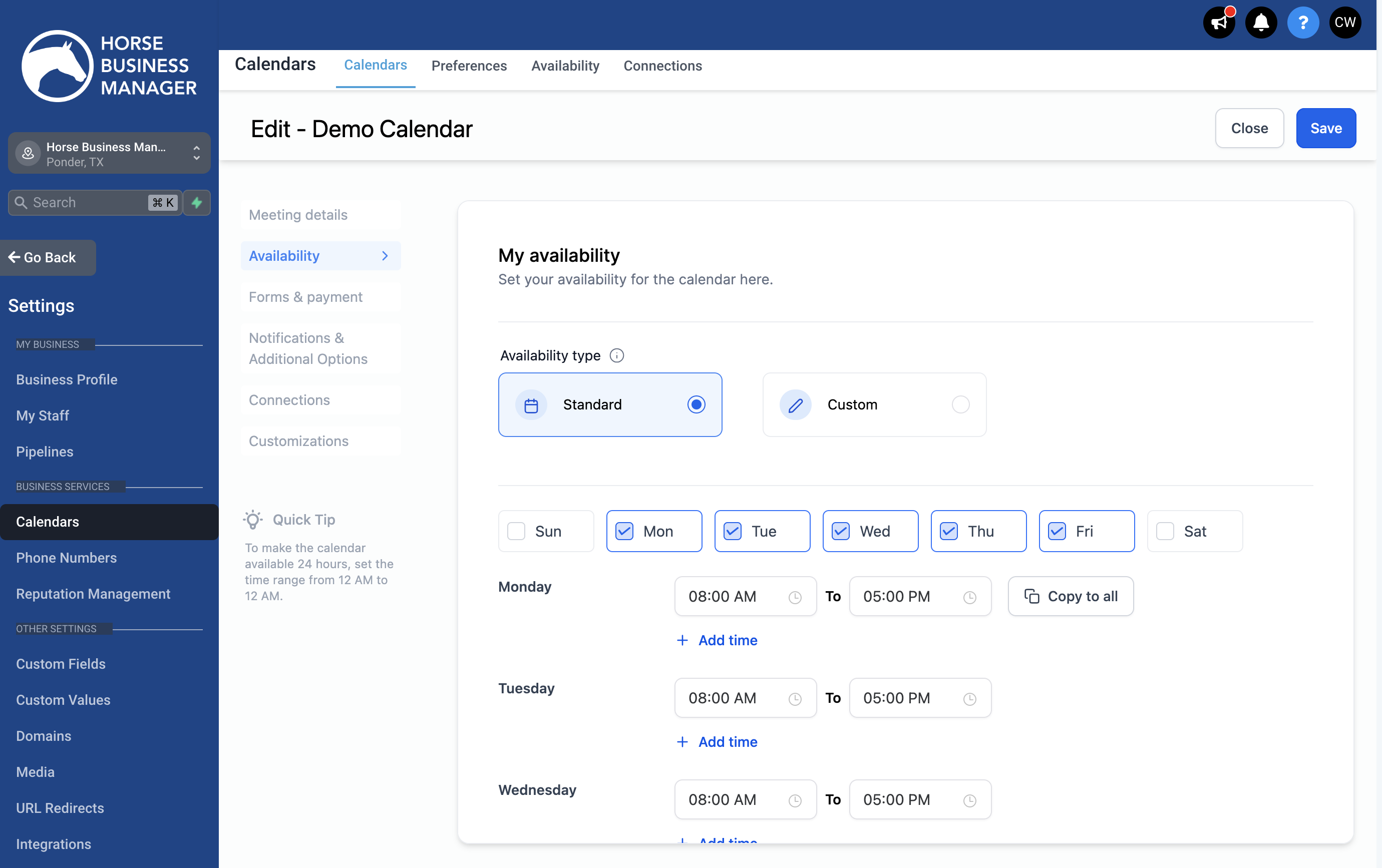 On the My availability tab, you can edit the days and times that a customer can book an appointment as well as set parameters for how long the appointments are, how far in advance they can book, and how many appointments you want to hold each day.