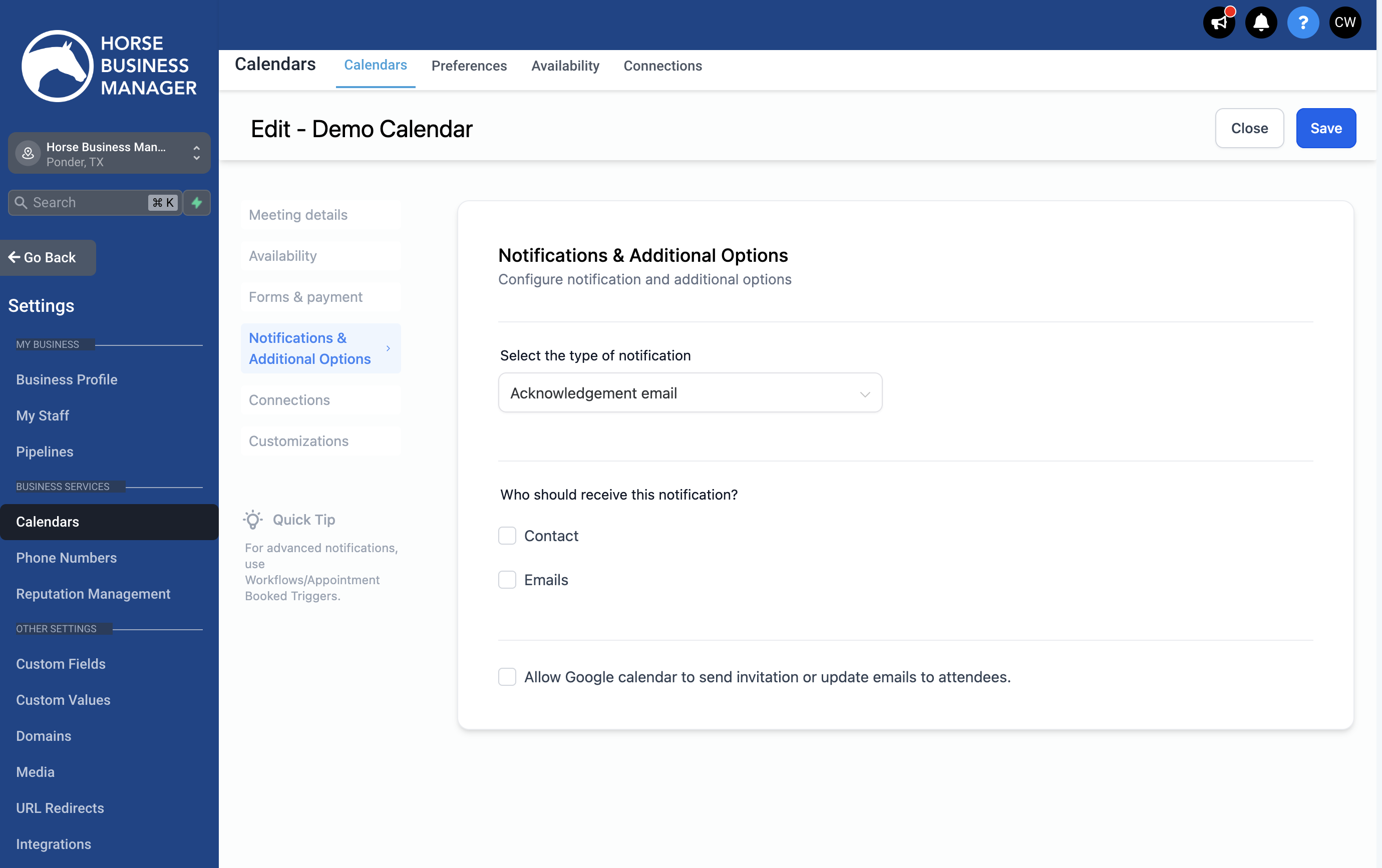 On the Notifications & Additional Options tab you can select who gets a confirmation email once the appointment is booked
