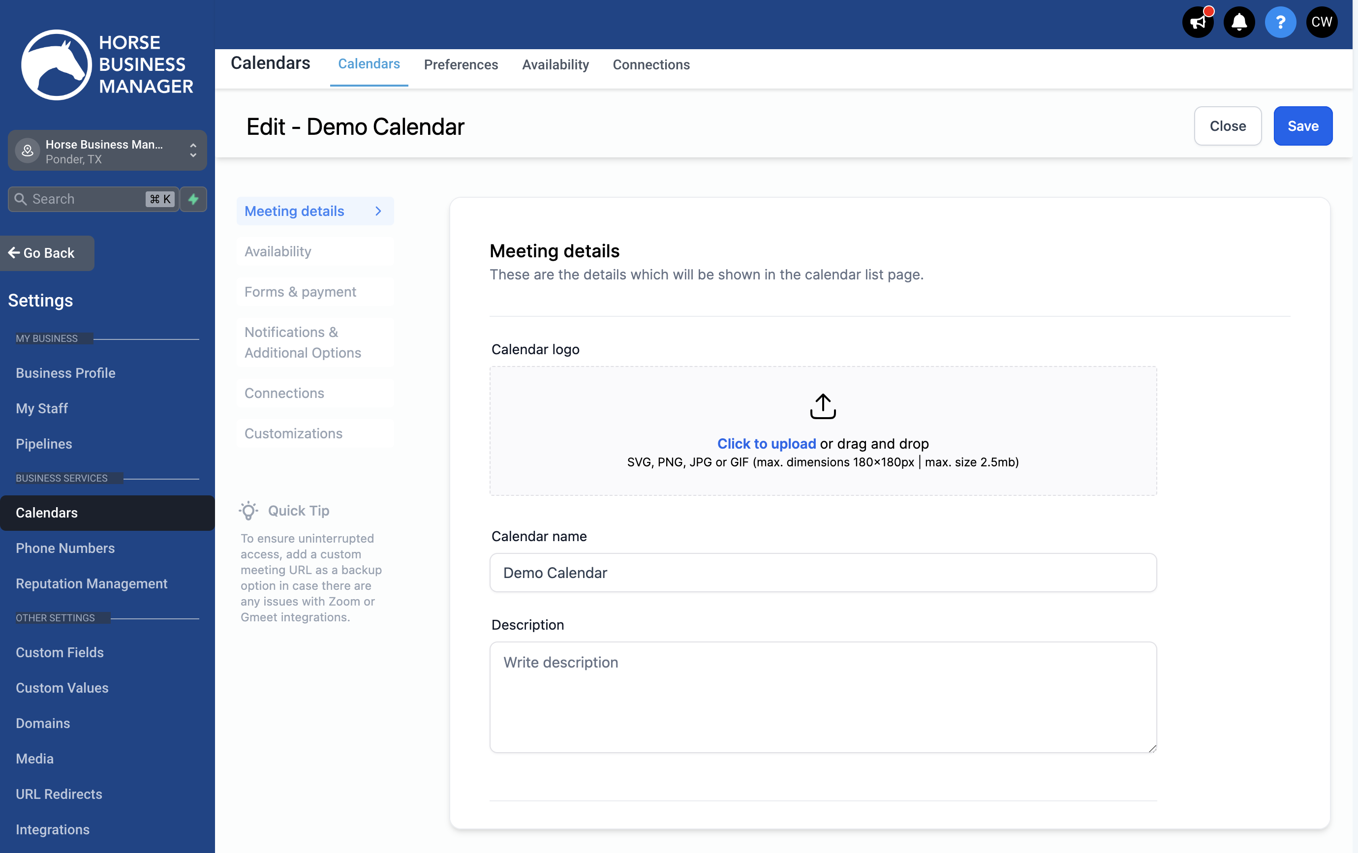 Under the Meeting Details tab, you can add your business's logo and additional information about the meeting