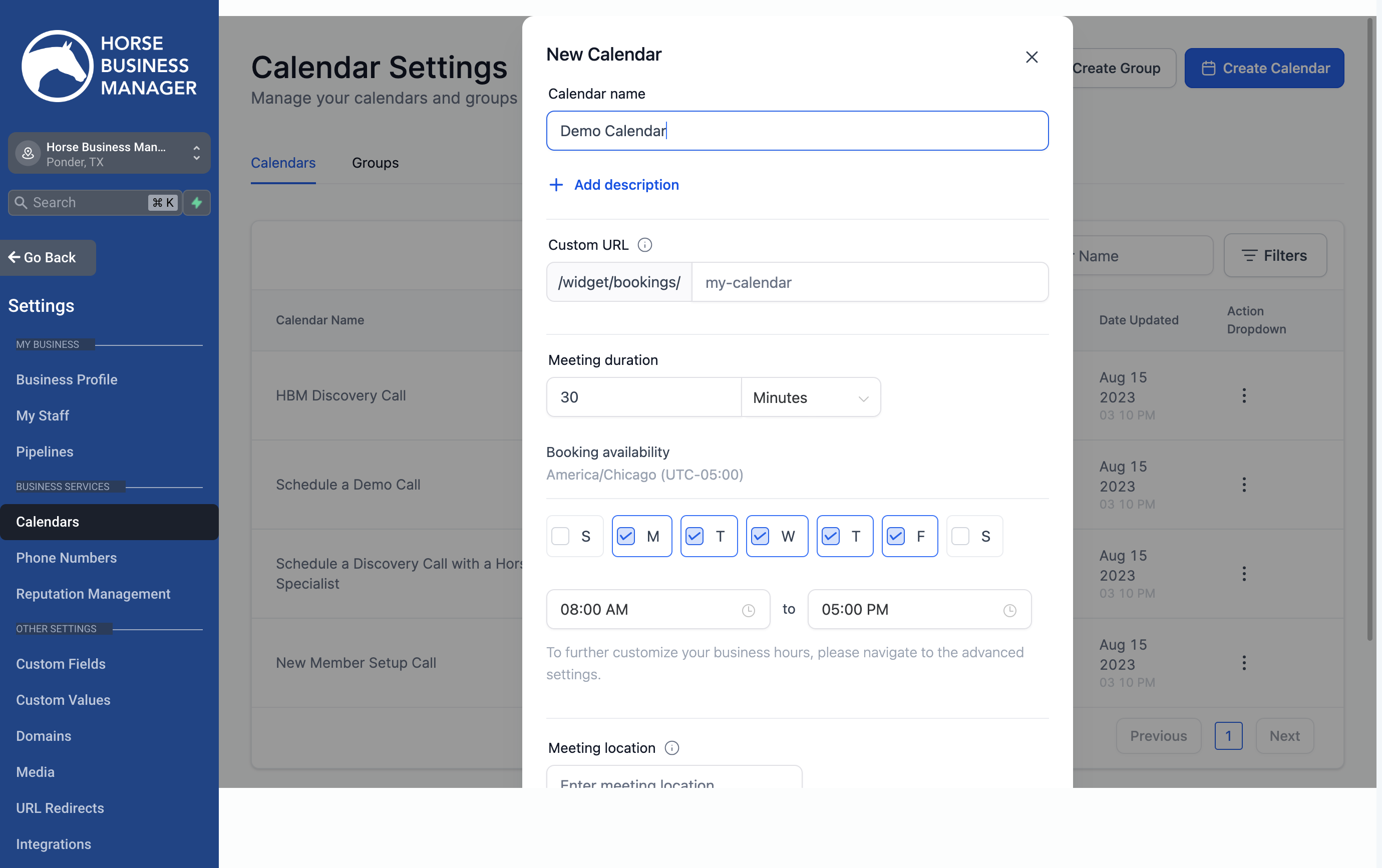 Add your calendar information to the fields