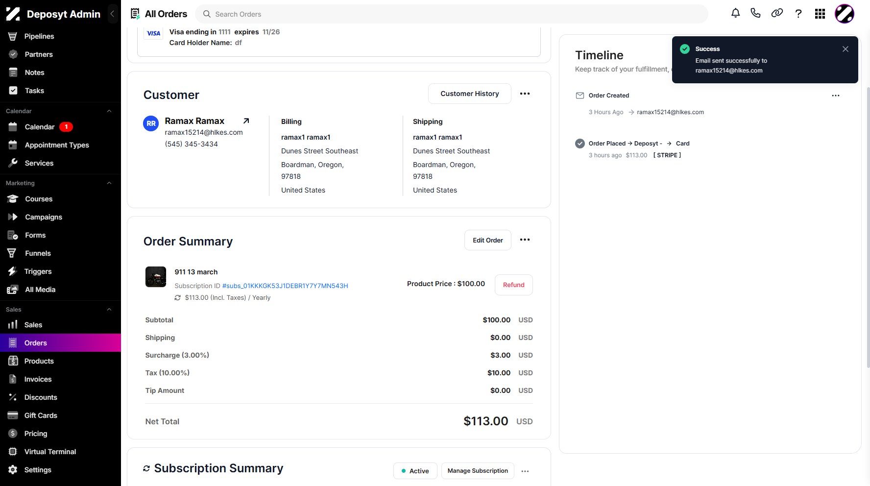Step 7: Once clicked, a pop-up notification will appear, confirming that the email was sent successfully.