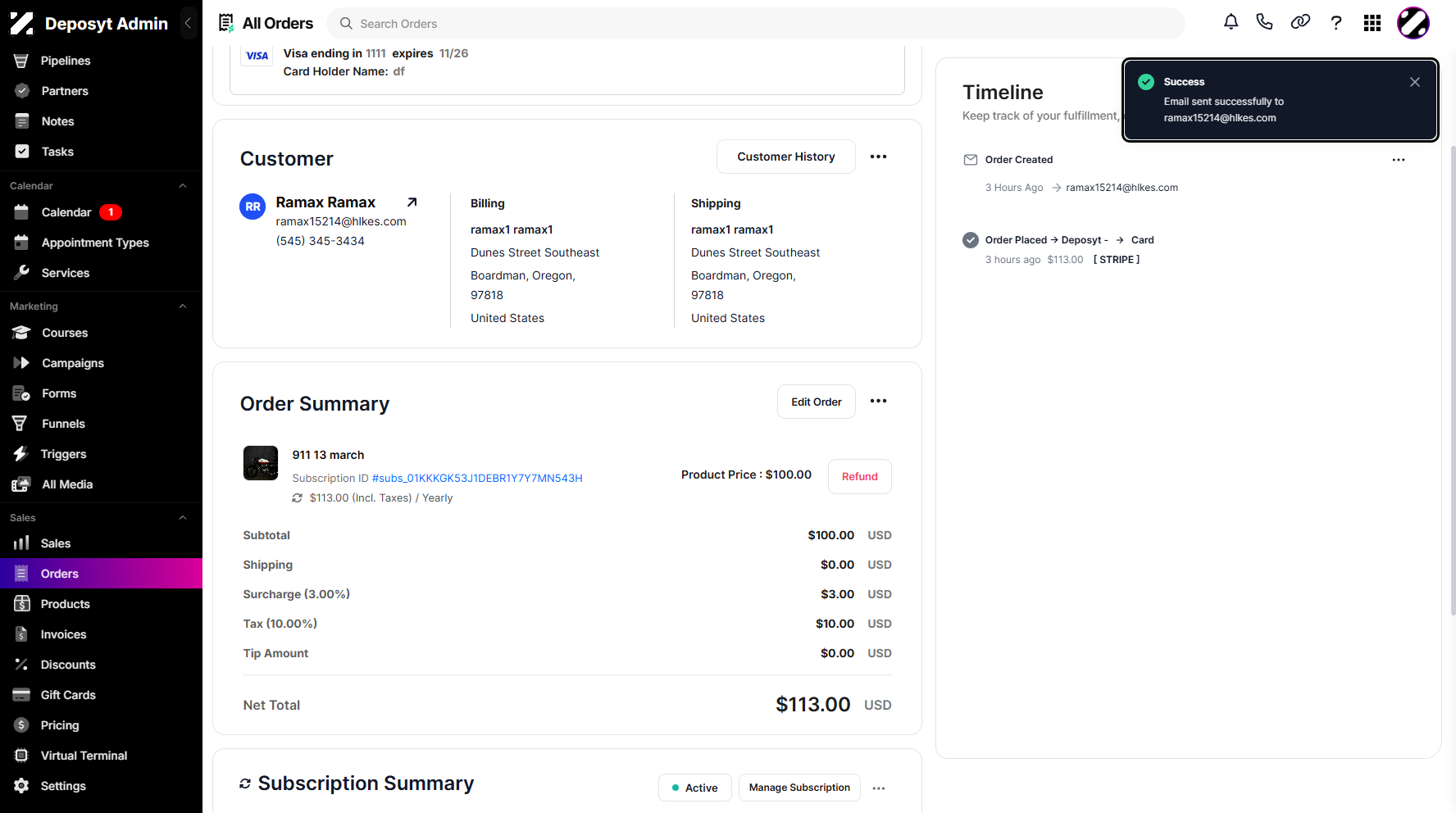 Step 7: Once clicked, a pop-up notification will appear, confirming that the email was sent successfully.