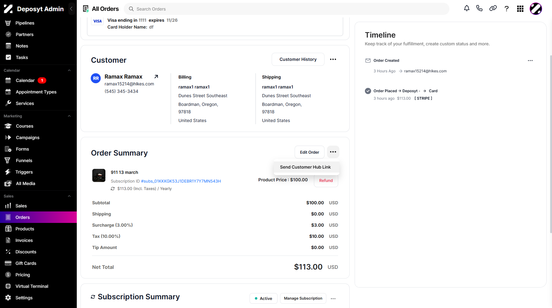 Step 6: A pop-up window will appear, where you can click Send Customer Hub Link to proceed.