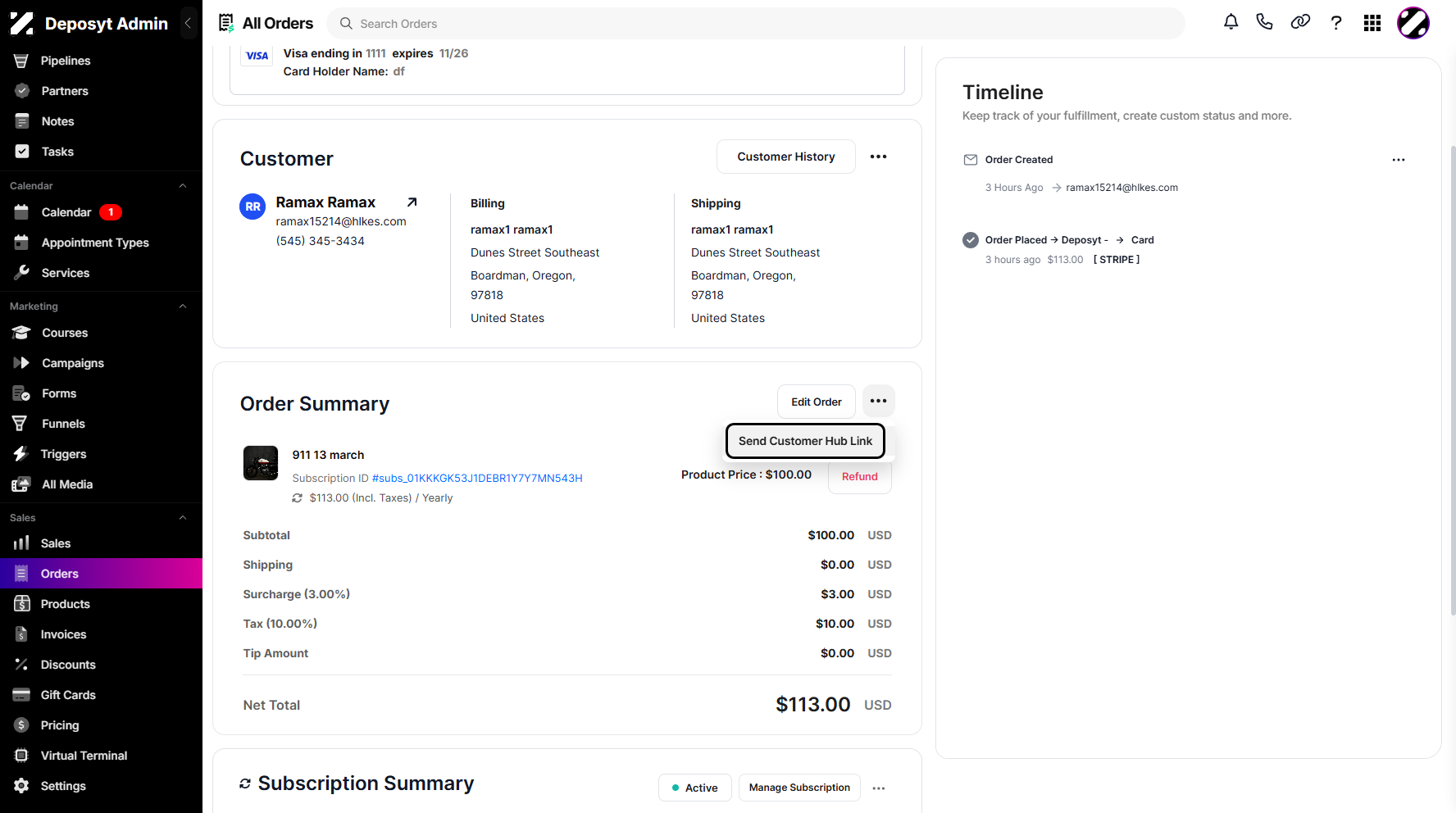 Step 6: A pop-up window will appear, where you can click Send Customer Hub Link to proceed.