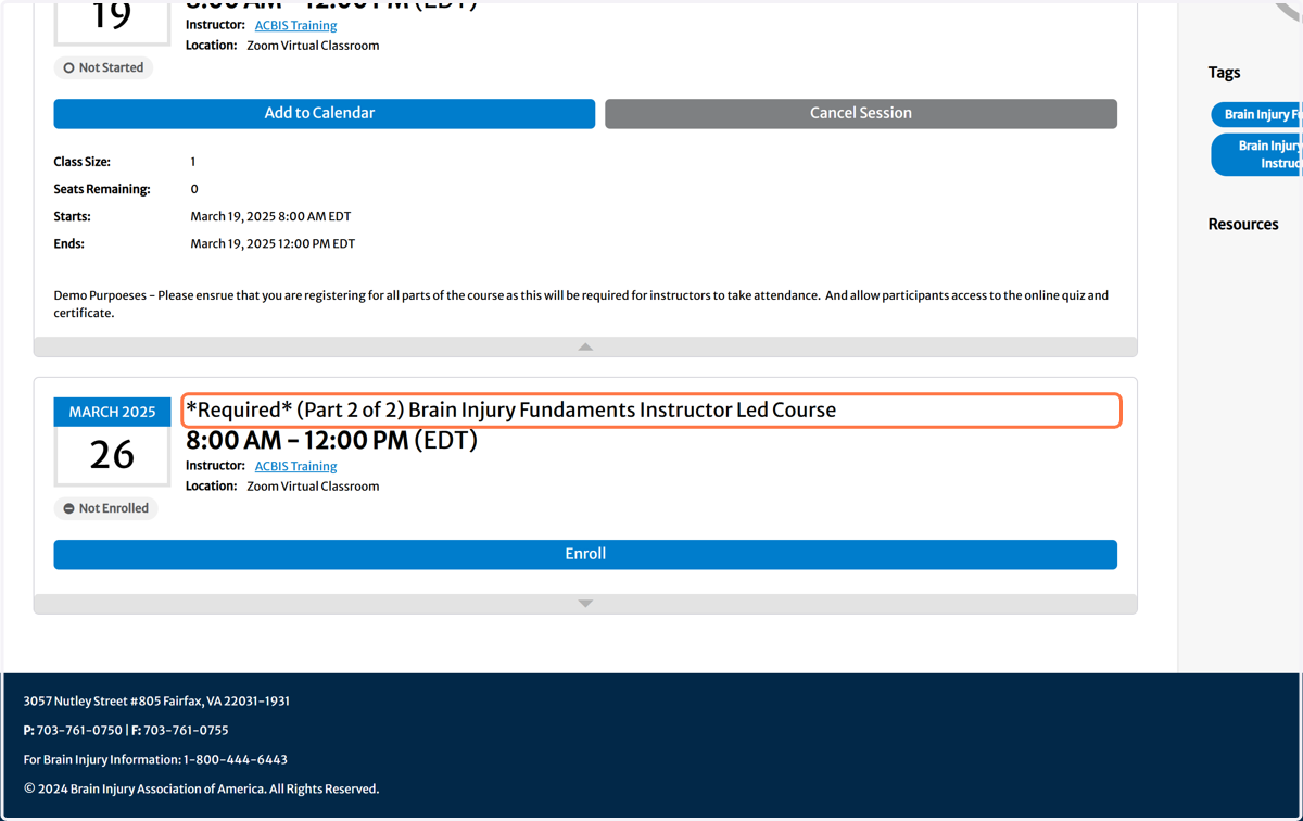 Example: Showing that this session is also required for enrollment, attendance, and completion of courses as *Required* (Part 2 of 2)