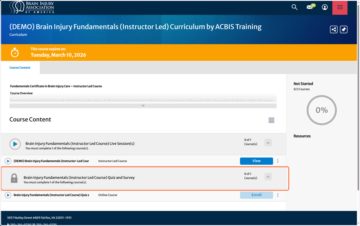Note: The Quiz and certificate remain locked for participants to access until the instructor has marked the required mandatory attendance.