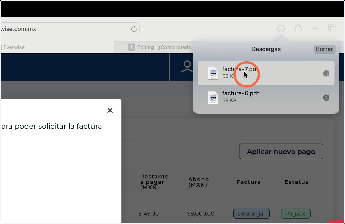 Revisa tus descargas con el nombre "Factura"