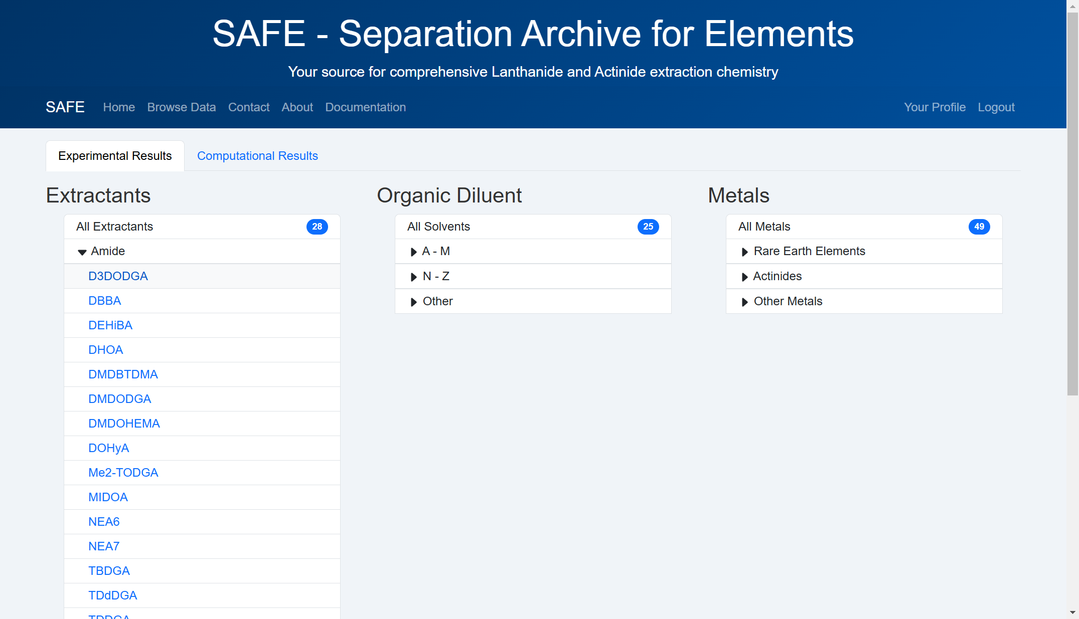 Identify the data you need. You can choose either "Experimental Results" or "Computational Results". For example, we click on "D3DODGA".