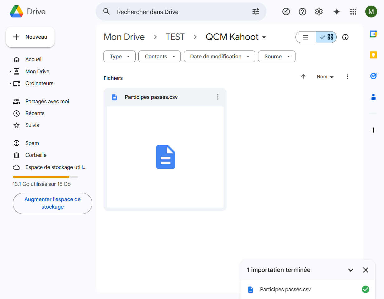 Le fichier avec l'extension ".csv" est bien téléversé.