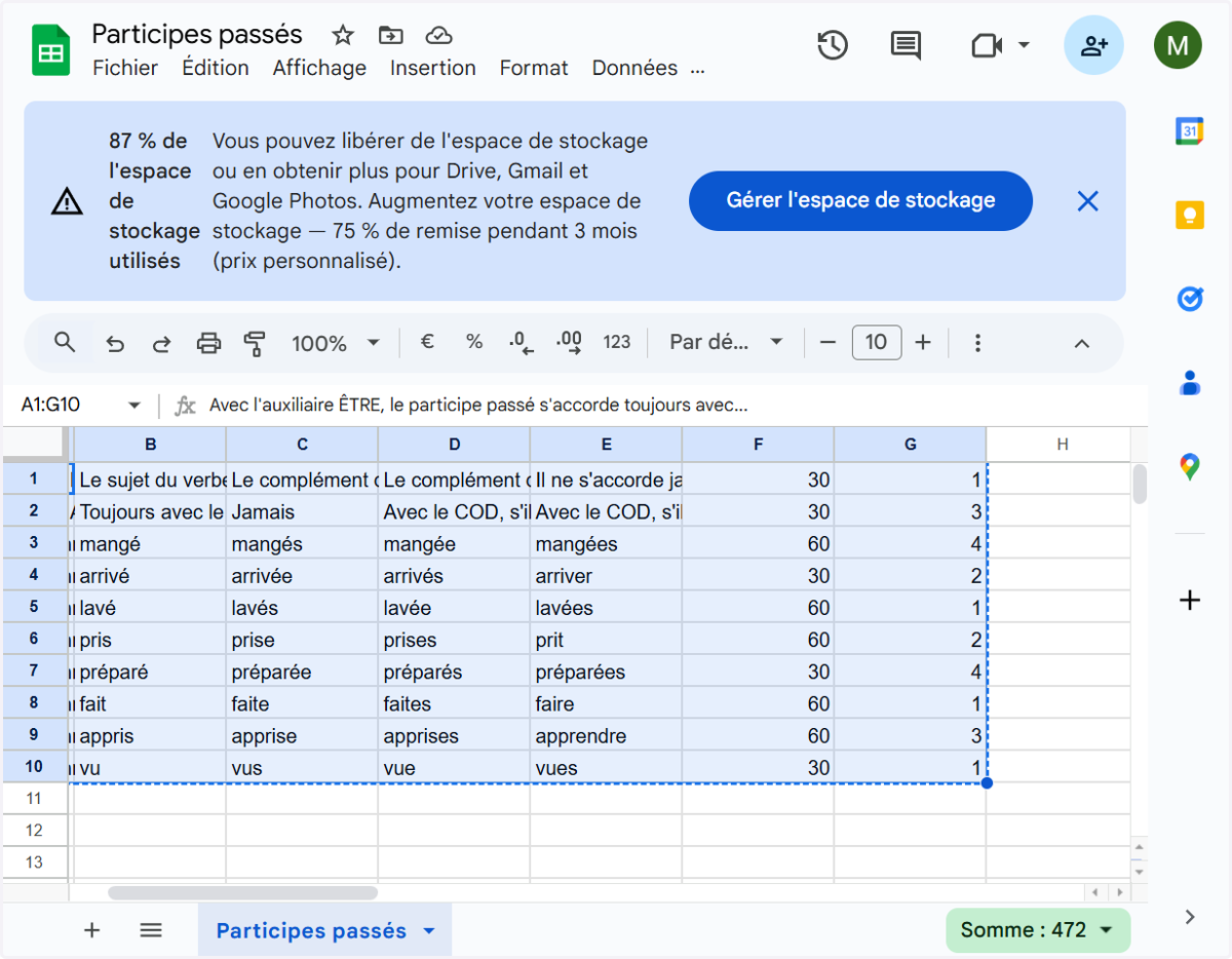 Assure-toi que l'ensemble des données ont bien été sélectionnées "