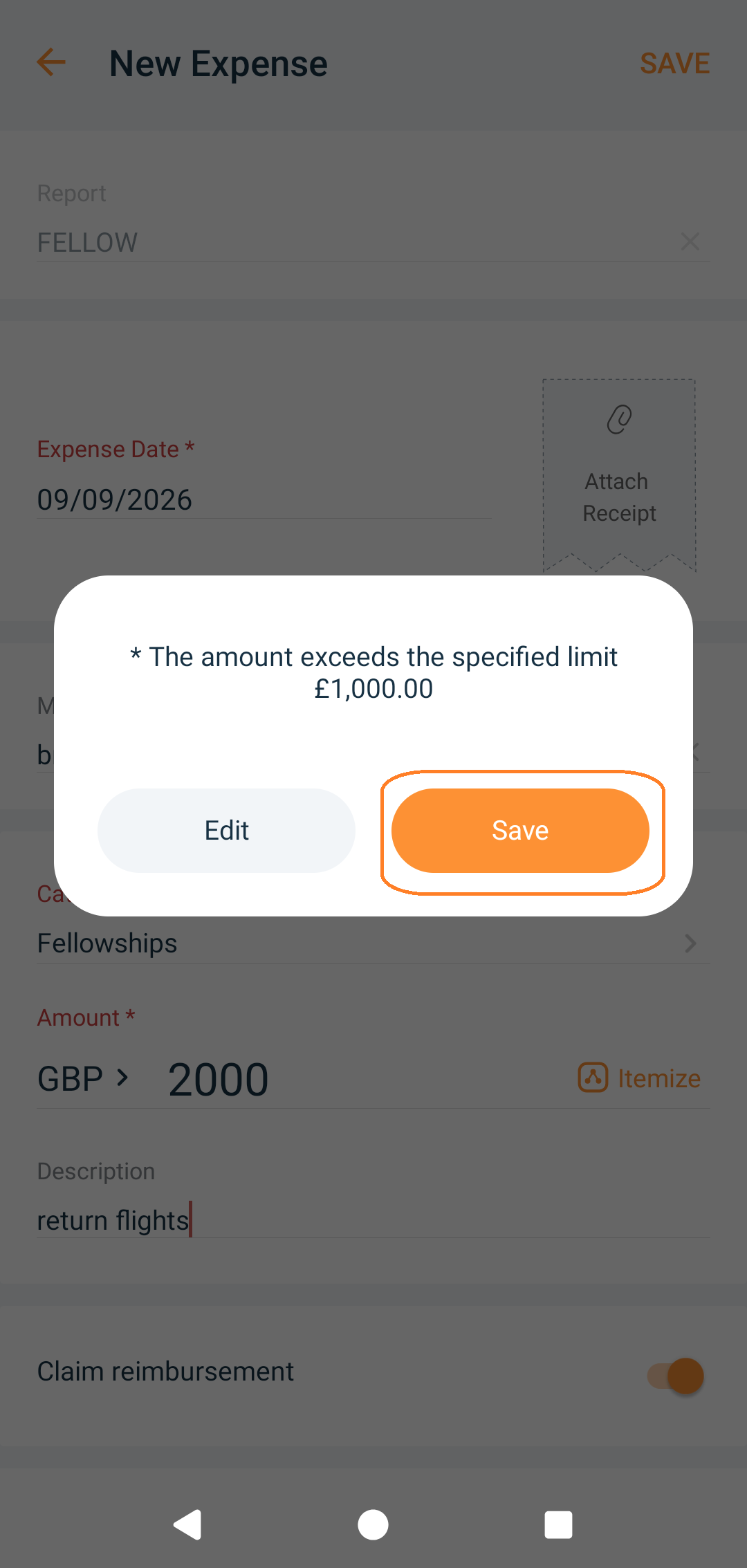 If the total value of your expenses exceeds the amount of the fellowship grant you have been awarded you will receive a warning violation (see below). Save the expense. You can continue to add expenses but you will only be reimbursed the agreed amoun