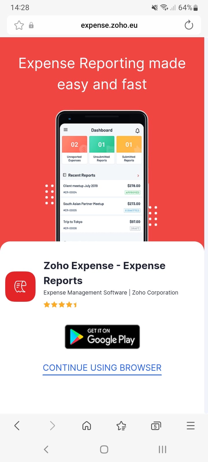 Zoho Expense is also available in Google Play.