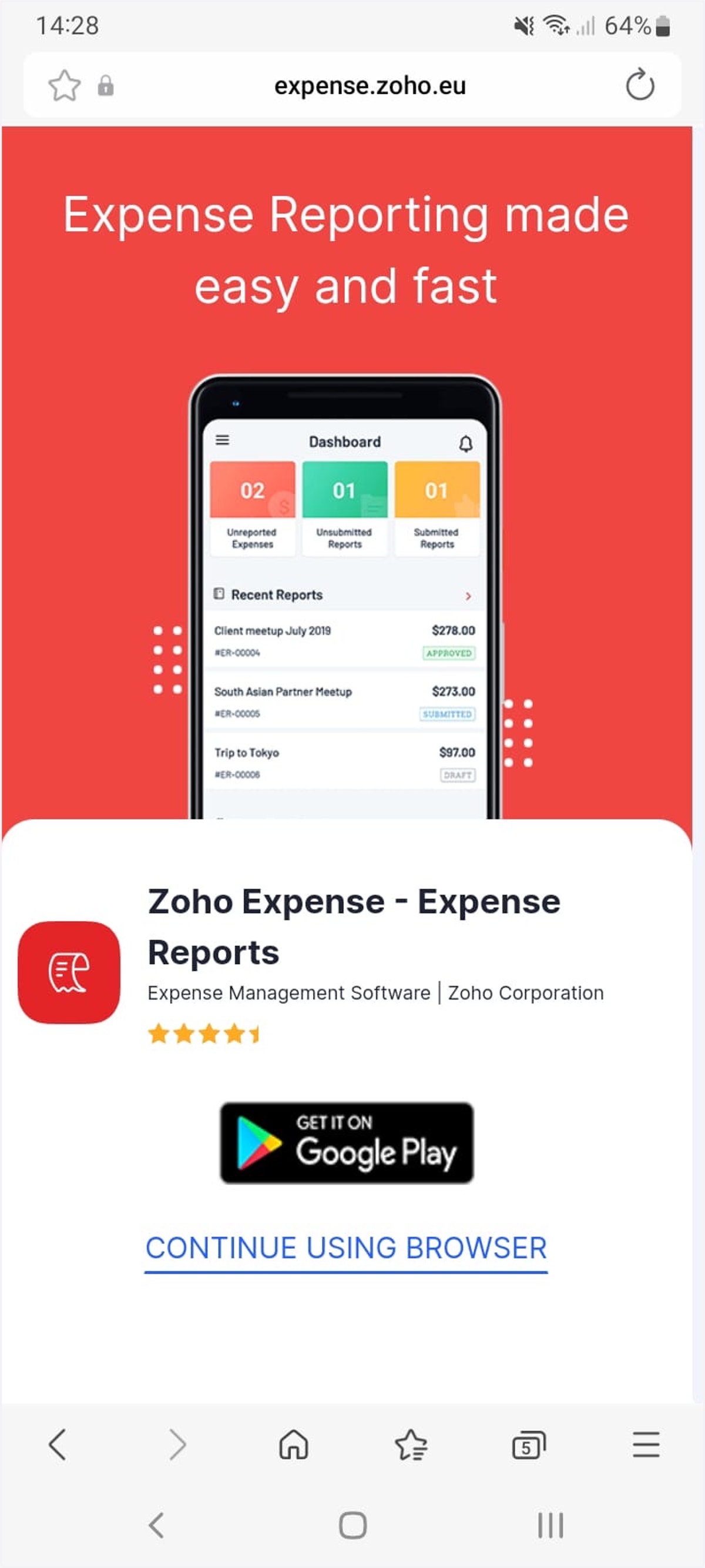 Zoho Expense is also available in Google Play.