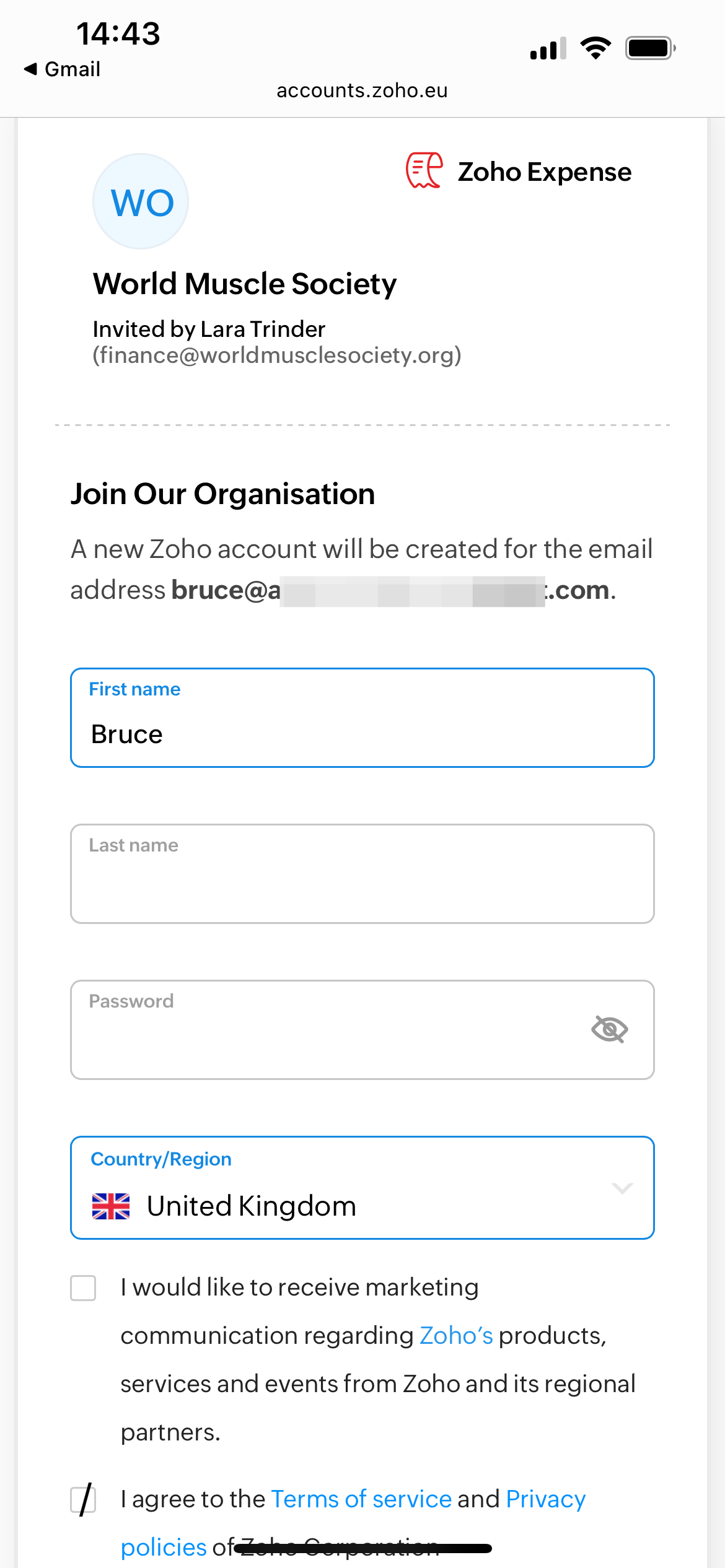 Fill in your first (given) name and last (family) name and create a secure password. Select the country in which you are located. Agree to the terms of service.