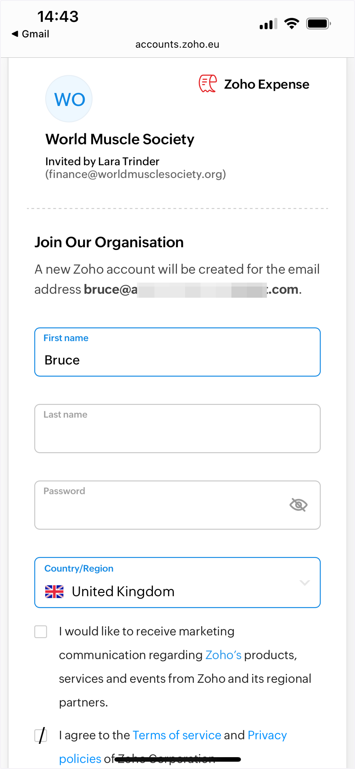 Fill in your first (given) name and last (family) name and create a secure password. Select the country in which you are located. Agree to the terms of service.