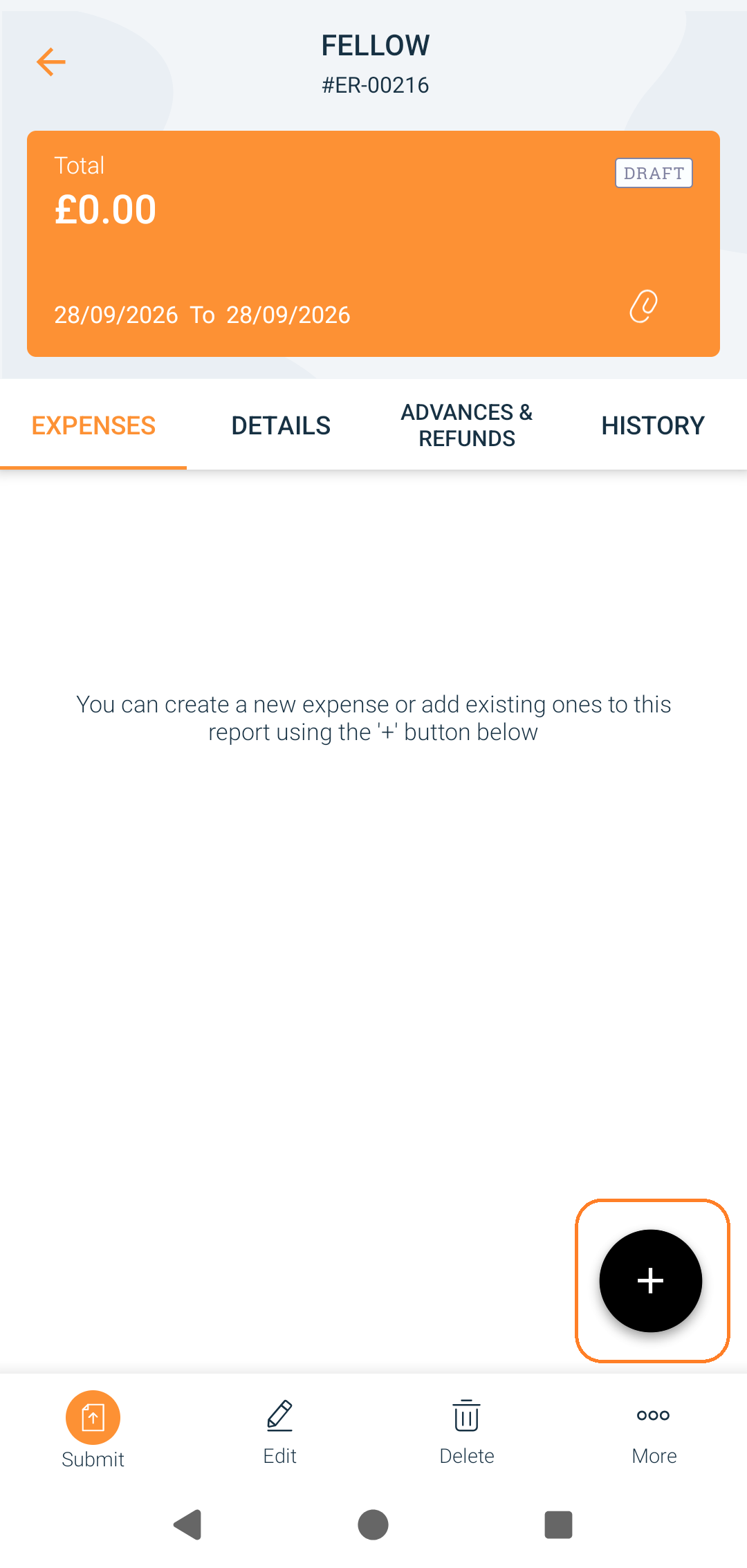 Open the report and press the + symbol to add expense. All expenses must be accompanied by a photograph of the receipt.