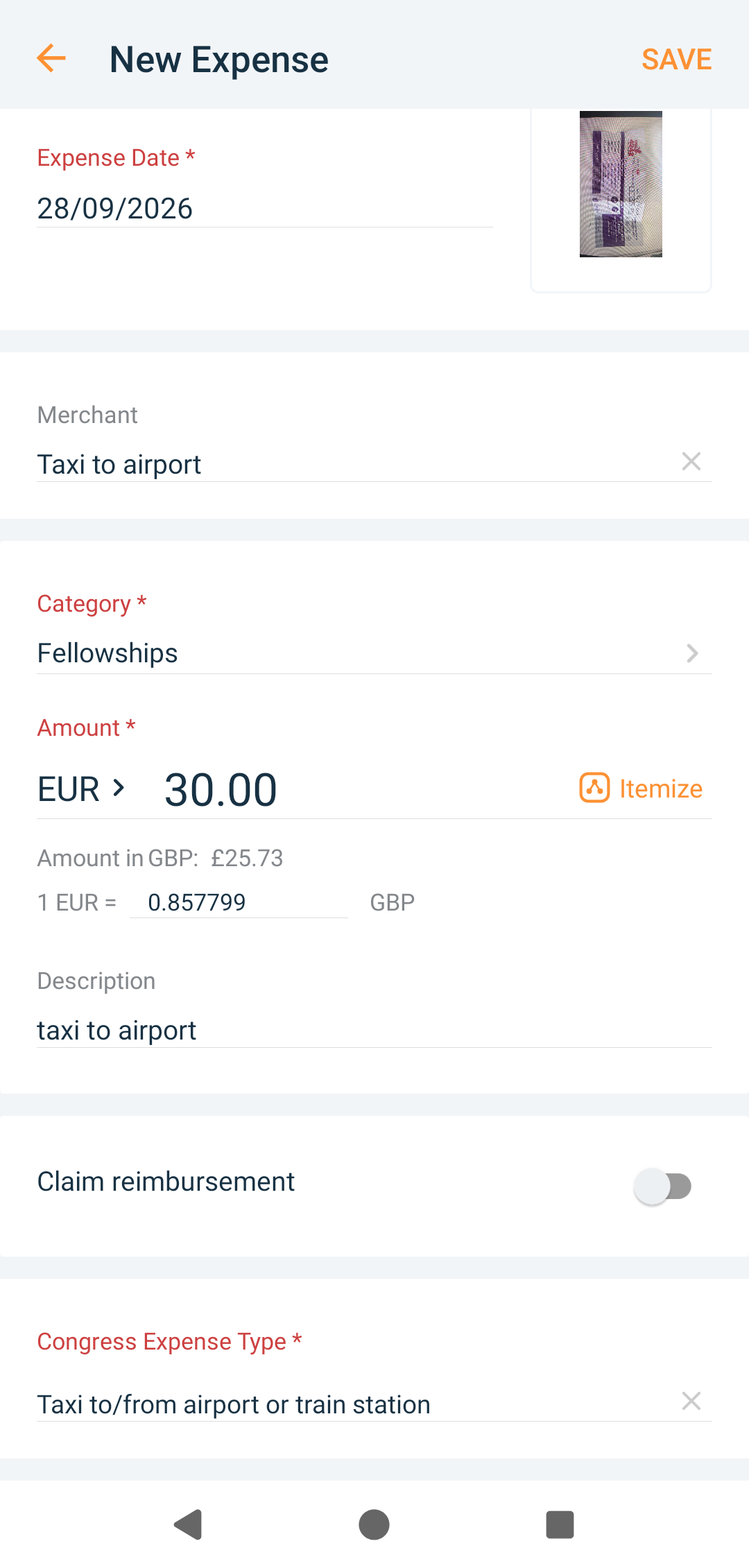 Edit your expense details. Add the date of the expense, the merchant, the currency the expense was incurred in, the amount and the type of expense you are claiming for.