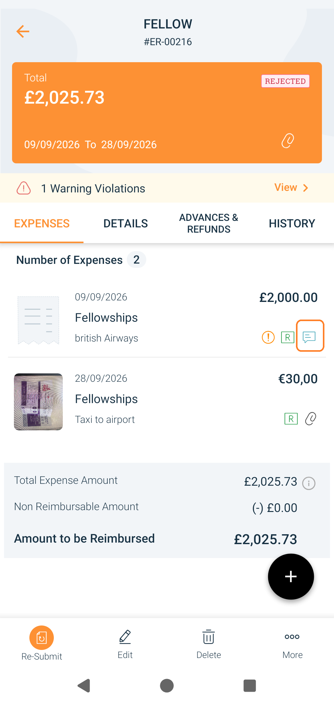 Press comment icon to see comments about a specific expense.