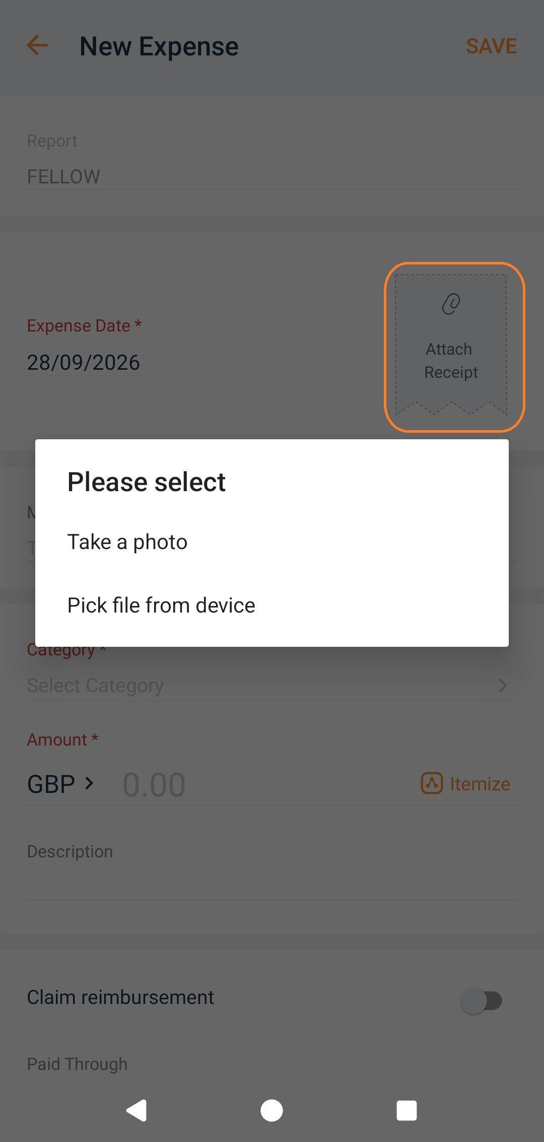 Choose attach receipt (give permission to access camera) and take a photo or pick a file from your device.