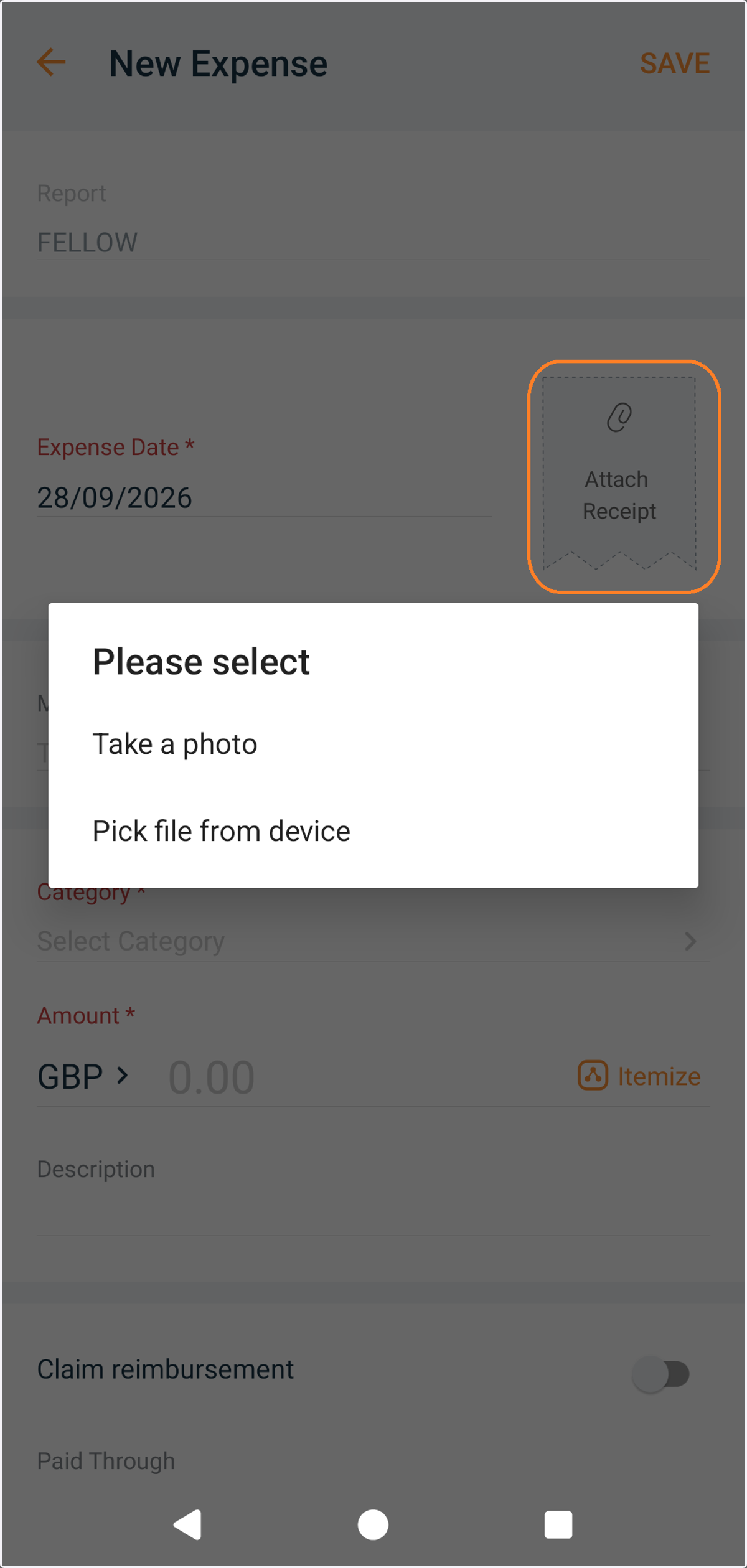 Choose attach receipt (give permission to access camera) and take a photo or pick a file from your device.