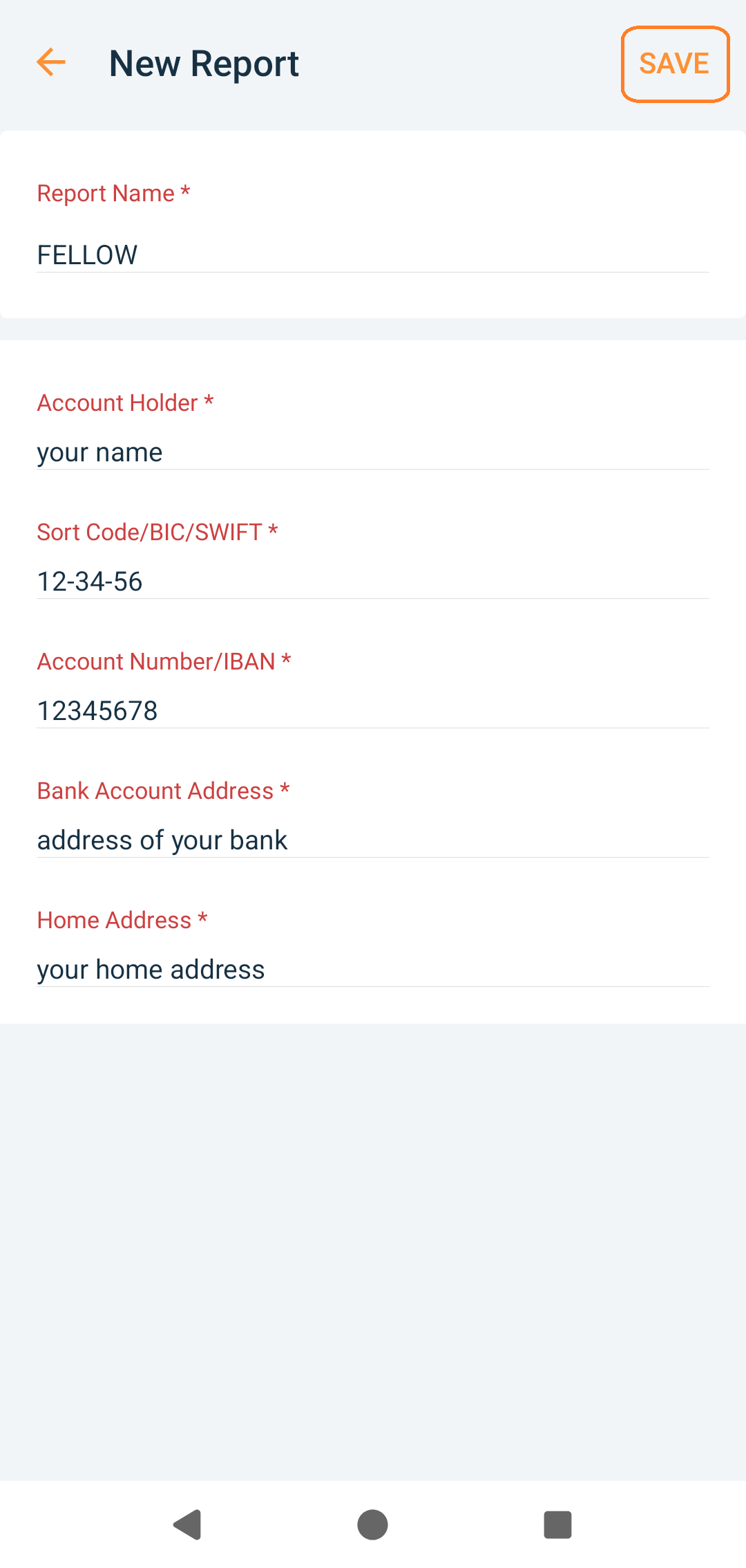 Name your report FELLOW. Add your bank details and save the report.