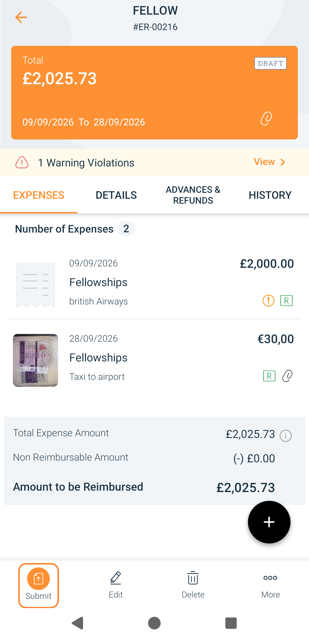 When you have added all your expenses. You can submit your report. Note that the amount to be reimbursed may be more than you will receive if you have exceeded your grant limit.