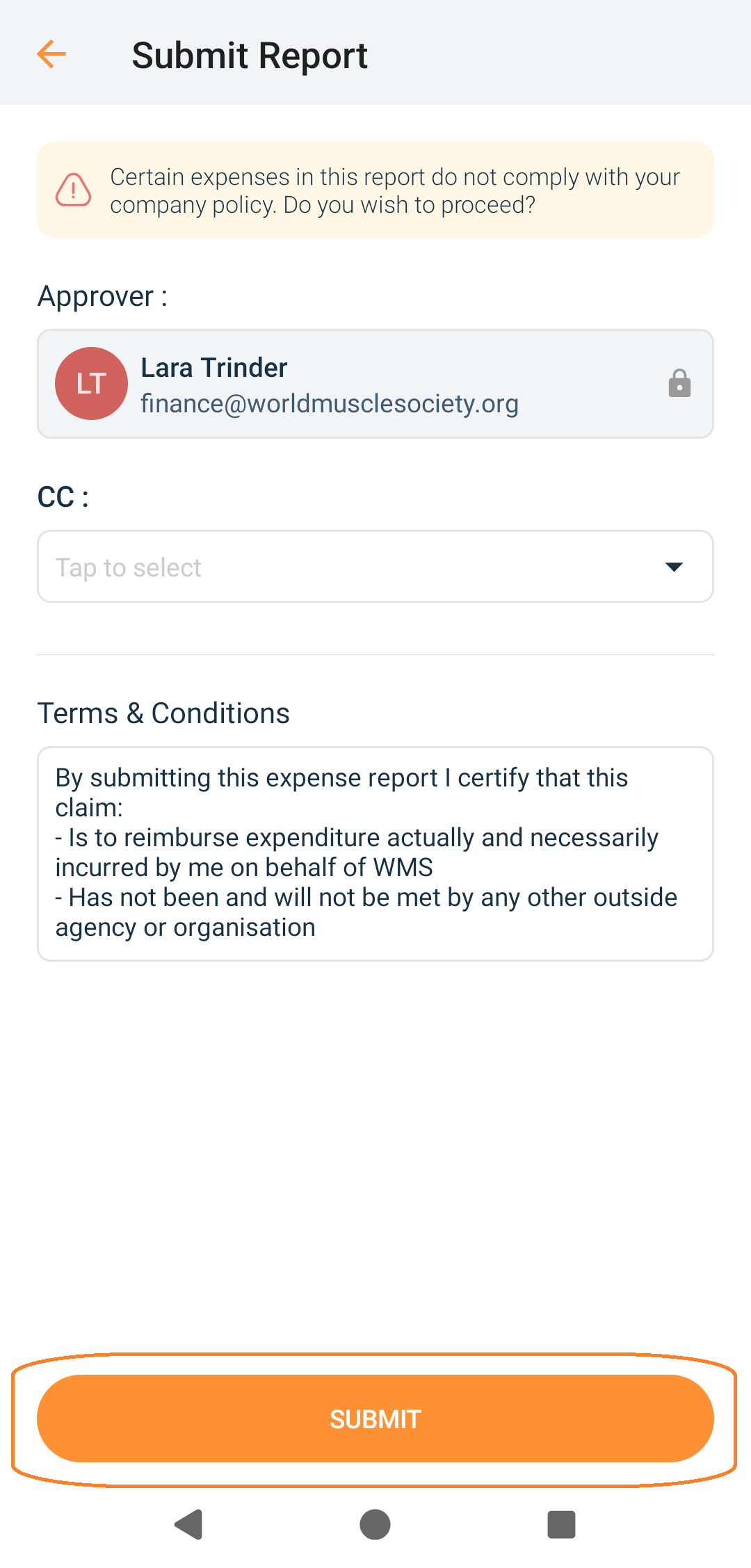 By submitting the report you agree to the terms and conditions in the email. If the total value of your expenses exceeds the amount of your grant you will receive the message below. Submit the report but you will only be reimbursed up to the value of