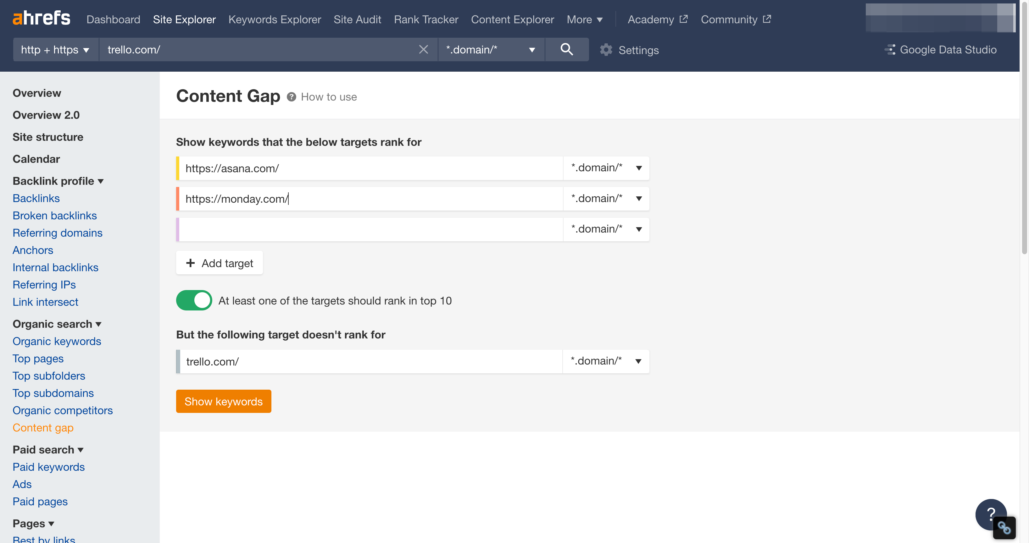 Click on Show keywords