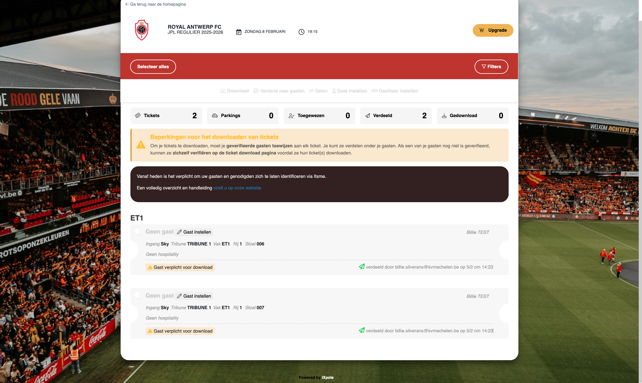 Tickets doorsturen kan door uw tickets te selecteren.