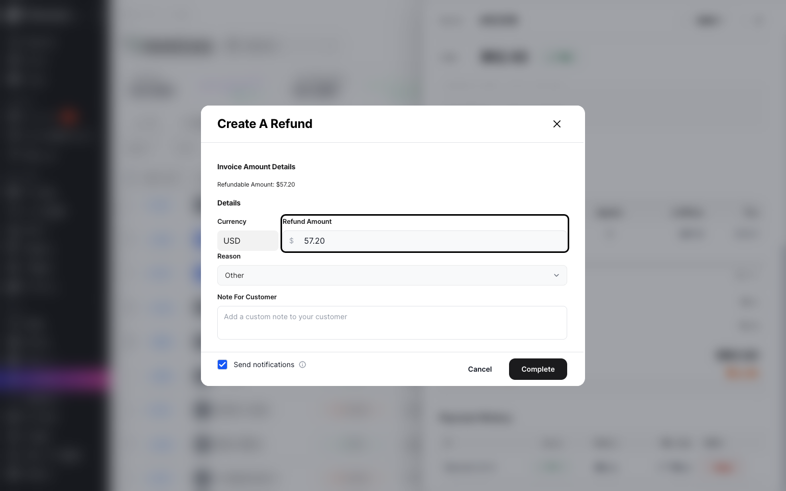 Step 5: A pop-up will appear where you can enter details such as the reason for the refund and a note for the customer.